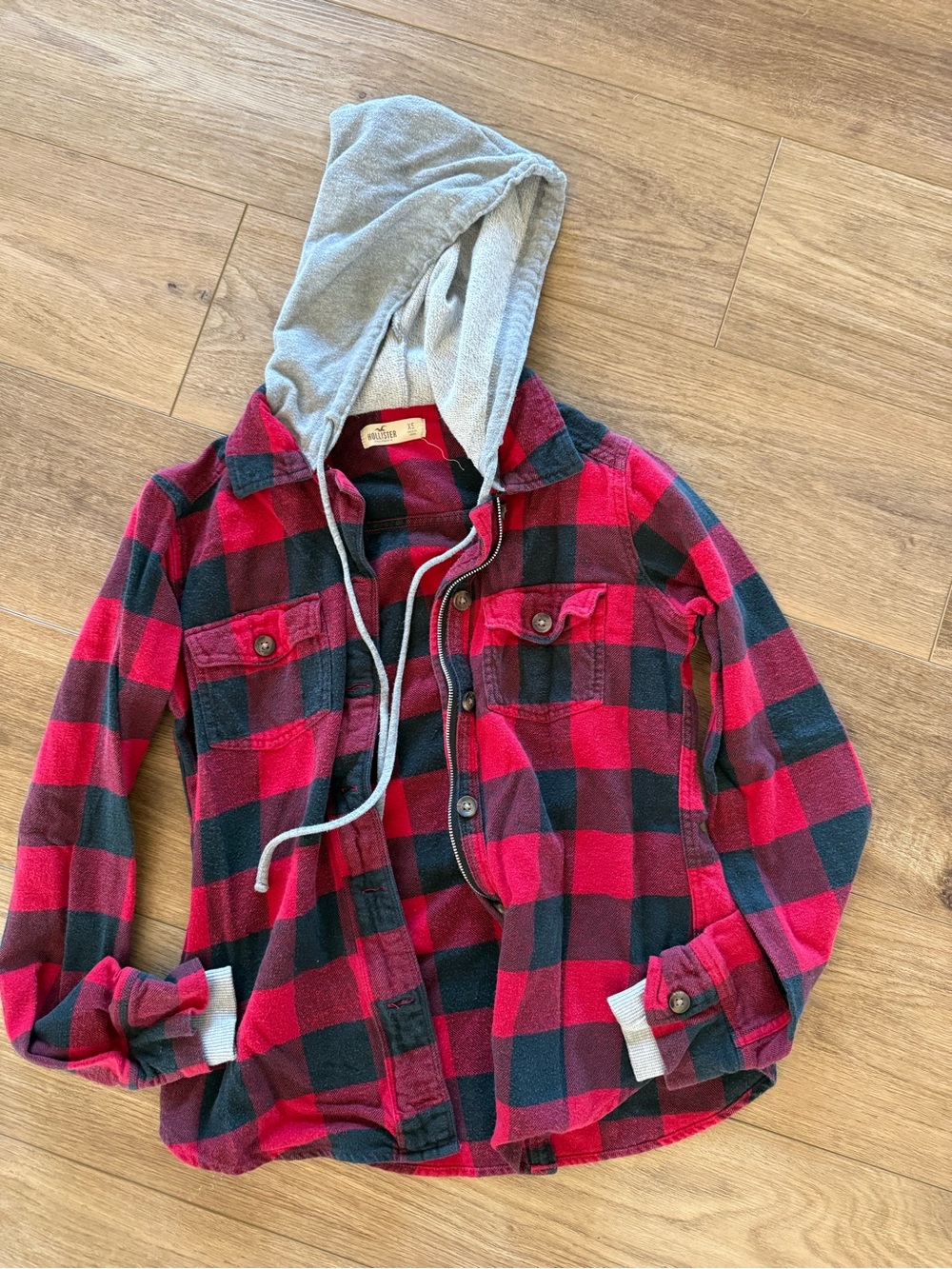 Hollister Red & Black Plaid Hooded Flannel Jacket
